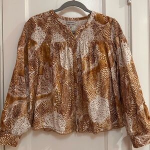 Anthropologie “The Odells” linen-blend peasant blouse w/ ruching Sz S